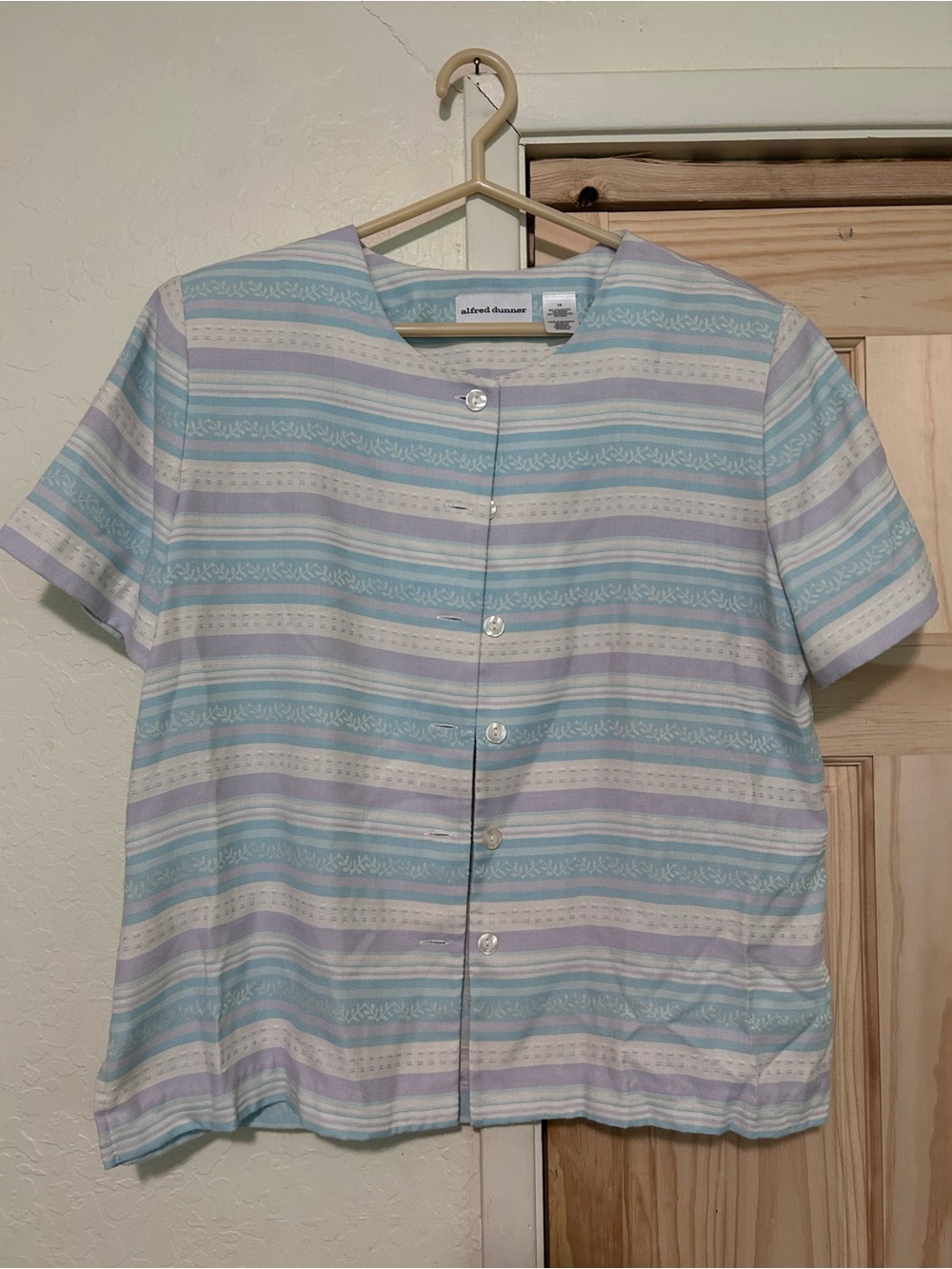 Alfred Dunner Mint, Lavender & Cream Striped Button Front Top